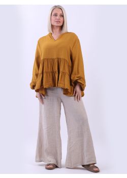 Made In Italy Plain Ruffle Tiered Swing Peplum Tunic Top