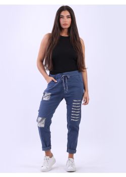 Made In Italy Plain Sequin Patches Ripped Magic Pant