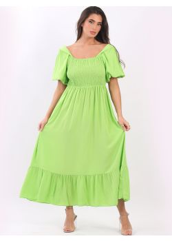 Made In Italy Plain Shirred Smocked Puff Sleeves Maxi Sundress