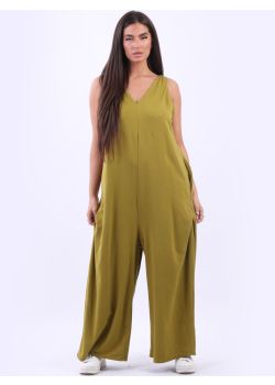 Plus Size Sleeveless V-Neck  Solid Cotton Jumpsuit