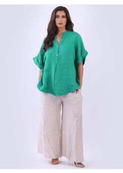 Made In Italy Solid Linen Lagenlook Button Down Blouse