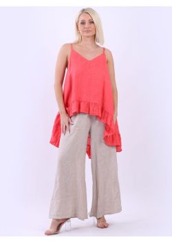 Made In Italy Solid Linen Ruffle Dip Hem Tunic Cami Top