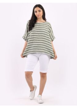 Plus Size Stripy Print Cotton Lagenlook Box Top