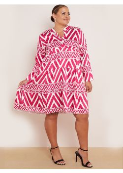Made In Italy Tribe Print Band Collar Lagenlook Tiered Midi Dress