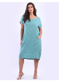 Made In Italy Vintage Wash Linen Front Pockets Lagenlook Shift Dress