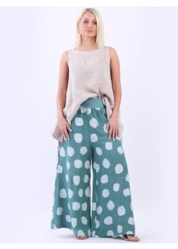 Made In Italy Wide Leg Polka Dots Linen Palazzo