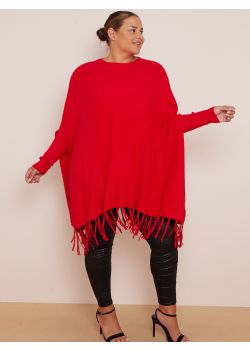 Plus Size Plain Knitted Oversized Ribbed Sleeves Fringed-Hem Tunic Poncho