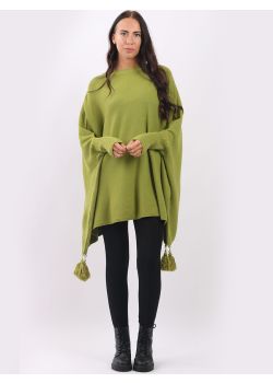 Plus Size Plain  Batwing Sleeves Tassels Tunic Poncho