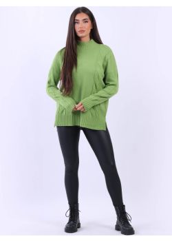 Trendy Funnel Neck Plain Lagenlook Cable Knit Cozy Jumper