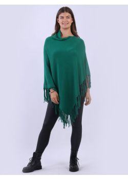 Women Cowl Neck Plain Knitted Fringe Hem Poncho